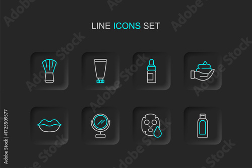 Set line Bottle of shampoo, Facial cosmetic mask, Round makeup mirror, Smiling lips, Shaving foam on hand, Essential oil bottle, Cream lotion tube and Makeup brush icon. Vector