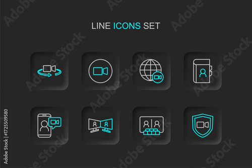 Set line Video chat conference, Phone book, and 360 degree view icon. Vector