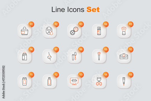 Set line Cream or lotion cosmetic tube, Eyelash curler, Smiling lips, Bottle of shampoo, Acne, Makeup brush and Mascara icon. Vector