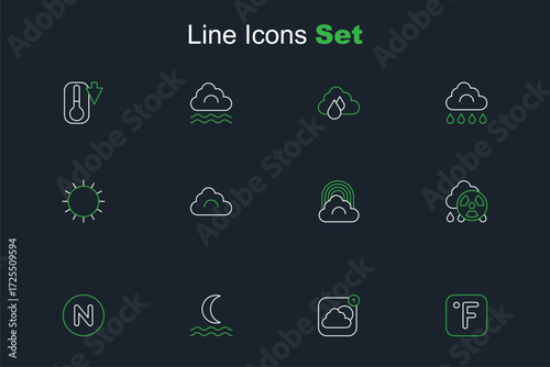 Set line Fahrenheit, Weather forecast app, Night fog smoke, Compass north, Acid rain radioactive cloud, Rainbow with, Cloud and Sun icon. Vector