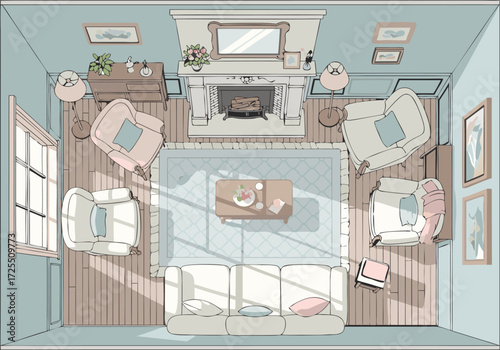 Elegant living room interior, a beautiful overhead blueprint-style illustration showcasing cozy home design
