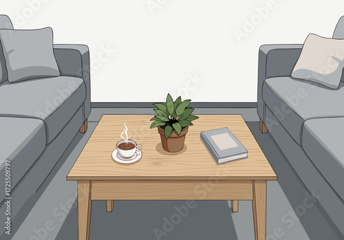 An elegant and comfortable living room setting with a coffee table, book, and steaming coffee