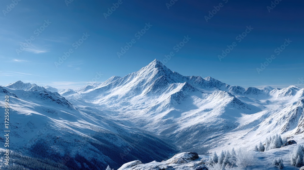 Fototapeta premium Snowy Mountain Summit Under Clear Blue Sky In Daytime Cinematic Hdr Landscape With Dense Forest And Mountain Range