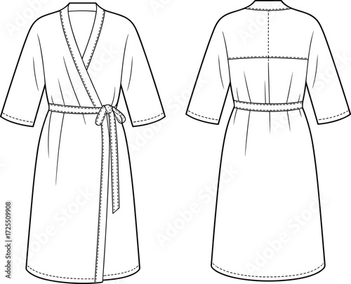 Technical fashion sketch of bathrobe design, front and back view, wrap style, V-neck, belt, yoke, stitching details, garment