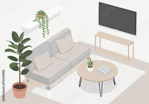 Elegant and cozy living room interior featuring minimalist decor, an isometric illustration
