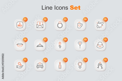 Set line Glass of champagne, Female gender symbol, Champagne bottle, Bedroom, Handbag, Balloons with 8 March and Flower tulip icon. Vector