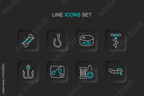 Set line Inflatable boat with motor, Spinning reel for fishing, Location, Fishing hook, Hand ice drill, Canned, and Oars paddles icon. Vector