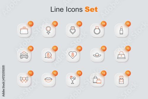Set line Perfume, Paper shopping bag, Martini glass, Smiling lips, Gift bow, Handbag, Elegant women hat and Heart with 8 March icon. Vector