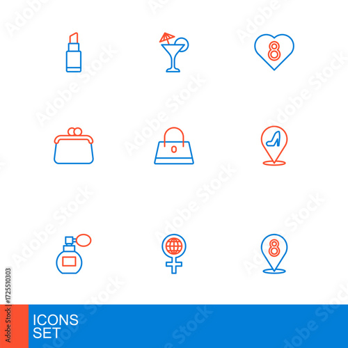 Set line 8 March, International Women Day, Perfume, Woman shoe, Handbag, Heart with and Martini glass icon. Vector