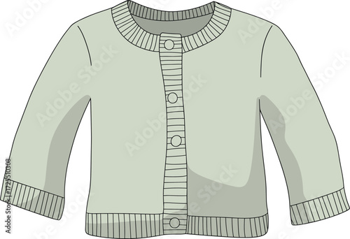 Long sleeve cardigan, front view, button placket, ribbed cuffs and hem, round neckline, fashion sketch, casual wear, vector illustration