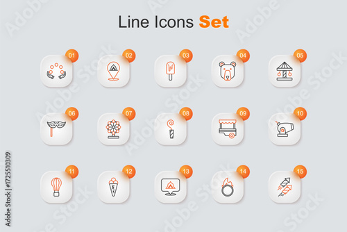 Set line Firework rocket, Circus fire hoop, tent, Ice cream in waffle, Hot air balloon, Cannon, Fast street food cart and Birthday party horn icon. Vector