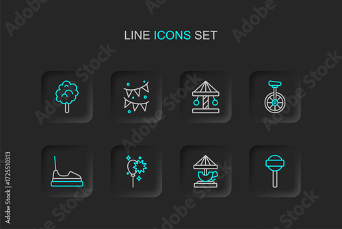 Set line Lollipop, Attraction carousel, Balloons with ribbon, Bumper, Unicycle, Carnival garland flags and Cotton candy icon. Vector