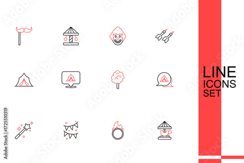 Set line Attraction carousel, Circus fire hoop, Carnival garland with flags, Magic wand, tent, Cotton candy, and icon. Vector