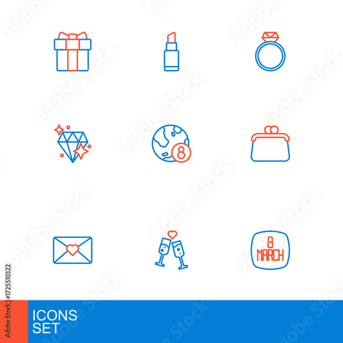 Set line 8 March, Glass of champagne, Envelope with, Handbag, Diamond, International Women Day, engagement ring and Lipstick icon. Vector