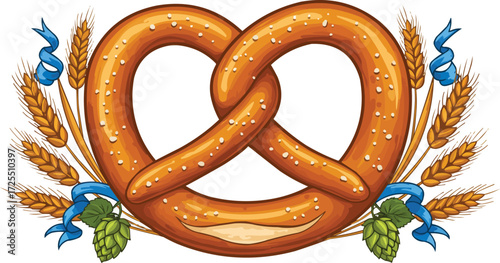 Delicious Pretzel Illustration with Wheat and Hops.