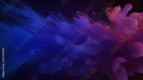 Vibrant blue, purple, and pink smoke cloud in dark water. Abstract fluid background with dynamic color explosion.