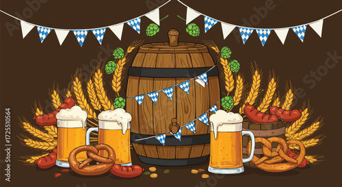Traditional Oktoberfest Celebration with Beer Barrel Mugs Pretzels and Sausages.