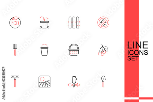 Set line Shovel, Rooster weather vane, Agriculture wheat field farm, Garden rake, Fresh berries, Wicker basket, Bucket and pitchfork icon. Vector