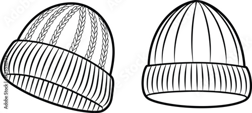 Winter beanie illustration, black and white knit hat drawing, cable knit and ribbed pattern, fashion accessory, cozy headwear design