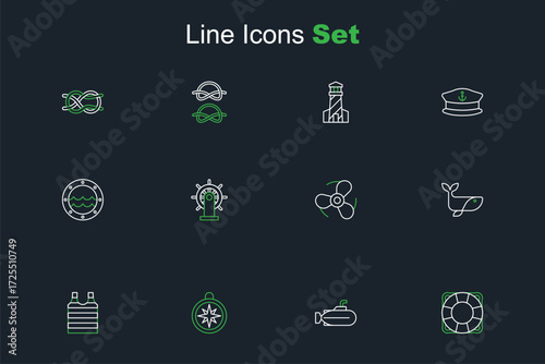 Set line Lifebuoy, Submarine, Compass, Striped sailor t-shirt, Whale, Boat propeller, Ship steering wheel and porthole icon. Vector