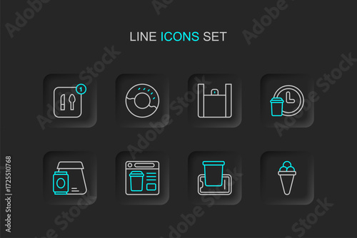 Set line Ice cream in waffle, Food ordering on mobile, Online food, Round the clock delivery, Donut and icon. Vector
