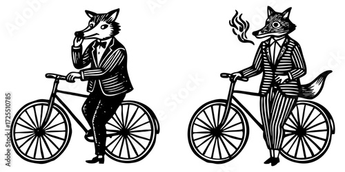 An anthropomorphic fox dressed in a vintage-style suit, riding a classic bicycle while smoking a pipe. The fox has a confident, relaxed expression. The illustration is in two styles side by side one i