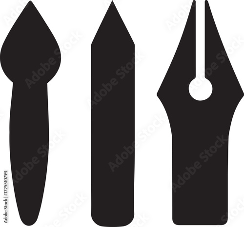 Three black silhouette icons representing art and writing tools.