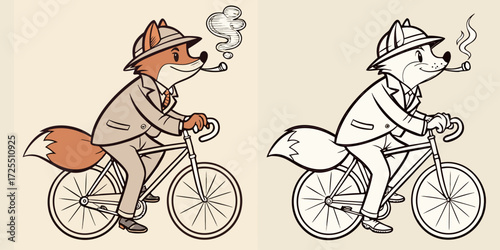 An anthropomorphic fox dressed in a vintage-style suit, riding a classic bicycle while smoking a pipe. The fox has a confident, relaxed expression. The illustration is in two styles side by side one i