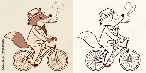 An anthropomorphic fox dressed in a vintage-style suit, riding a classic bicycle while smoking a pipe. The fox has a confident, relaxed expression. The illustration is in two styles side by side one i