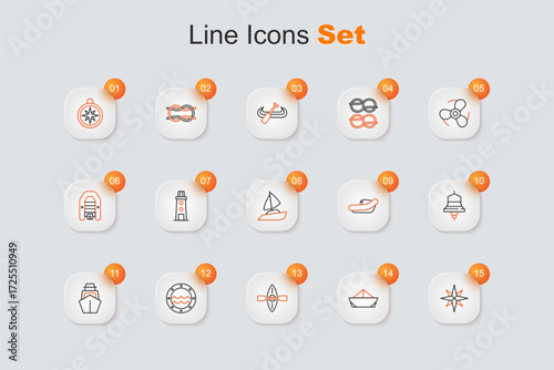 Set line Wind rose, Folded paper boat, Kayak and paddle, Ship porthole, Yacht sailboat, bell, Inflatable with motor and icon. Vector