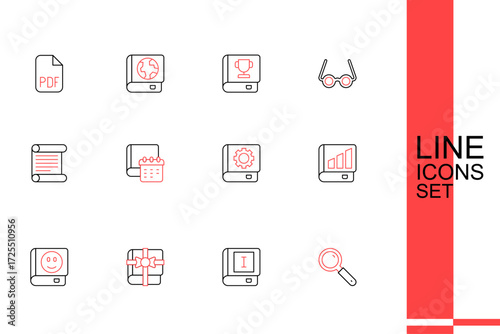 Set line Magnifying glass, Book, gift, Financial book, User manual, Daily paper notepad and Decree, parchment, scroll icon. Vector