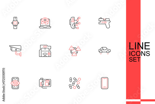 Set line Mobile phone, Medical pill biohacking, Motherboard, Computer vision, Fantastic flying car, Earth with exclamation mark, Futuristic sliding doors and Security camera icon. Vector