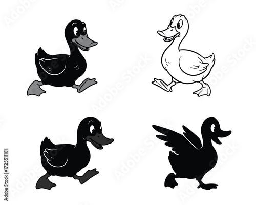 Four cartoon ducks in different poses and colors including black and white with one duck spreading its wings in a playful manner