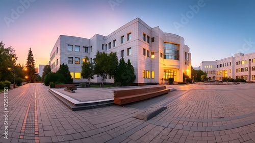 A serene university building at dusk, with a calm and peaceful atmosphere.