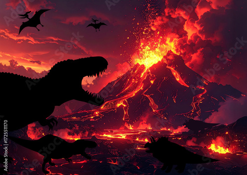 Generated image Adobefirefly
火山が轟く世界で、隕石に立ち向かう恐竜たちのシルエット