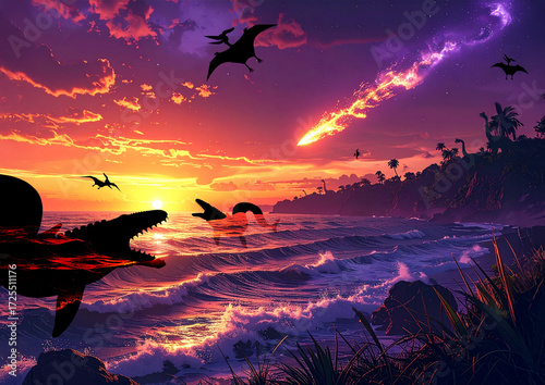 Generated image　AdobeFirefly
太古の海、巨大なモササウルスと落下する隕石が描く白亜紀の終末