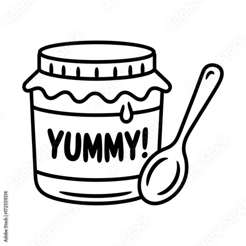 Yummy jam jar with spoon isolated on white background in doodle style
