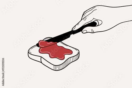 Hand spreading strawberry jam on a slice of bread isolated on white background
