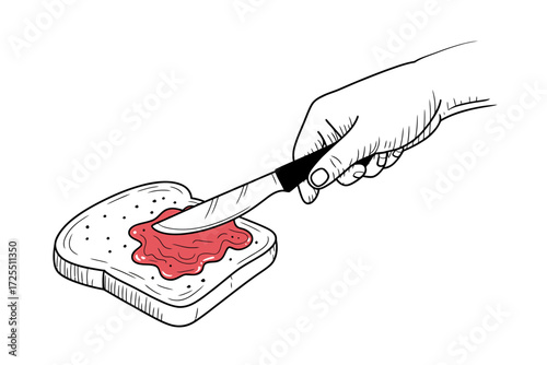 Spreading strawberry jam on a slice of bread isolated on white background