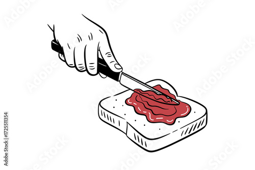 Spreading strawberry jam on a slice of bread isolated on white background
