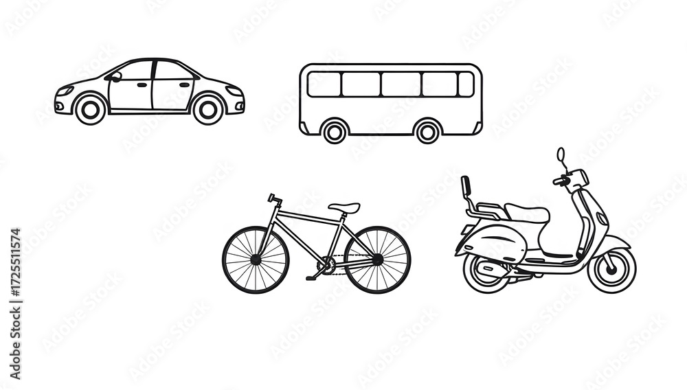 Fototapeta premium Monoline doodle style vector illustration of transport icons such as car bus bicycle and scooter in black line art isolated on clean background