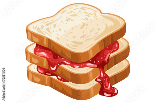Delicious sandwich with strawberry jam isolated on white background illustration