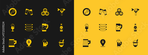 Set Dried fish, Wheat, Glass of beer, Sausage, Wooden barrel, and icon. Vector
