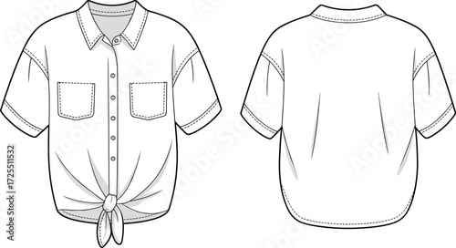 Women's shirt illustration, short sleeve, button-up design, front tie detail, fashion sketch, garment construction, technical drawing, apparel template