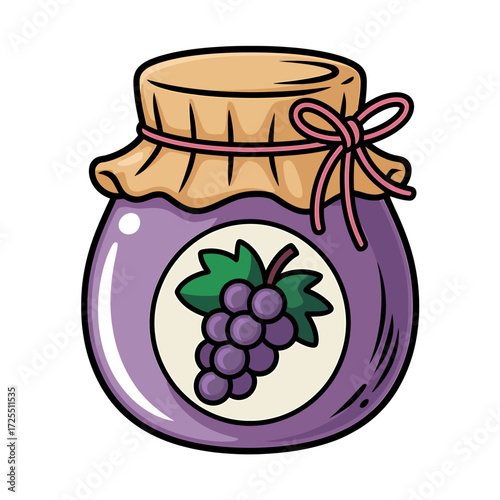 Jar of grape jam with label, isolated on white background