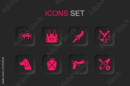 Set Canteen water bottle, Bulletproof vest, Sniper optical sight, Pistol or gun, Slingshot, Crossed bullet with arrow, Hunter knife and Hunting dog icon. Vector