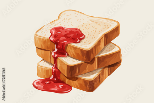 Stack of toast with strawberry jam dripping down, isolated on white background