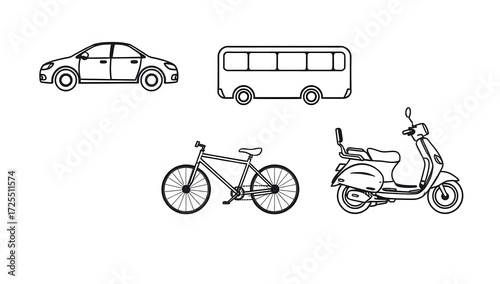 Monoline doodle style vector illustration of transport icons such as car bus bicycle and scooter in black line art isolated on clean background