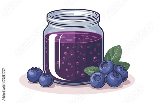 Blueberry jam in glass jar isolated on white background, vector illustration