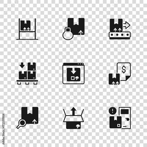 Set Unboxing, Waybill, Home delivery services, Online app tracking, Conveyor belt with, Warehouse interior boxes, Carton cardboard and Cardboard pallet icon. Vector